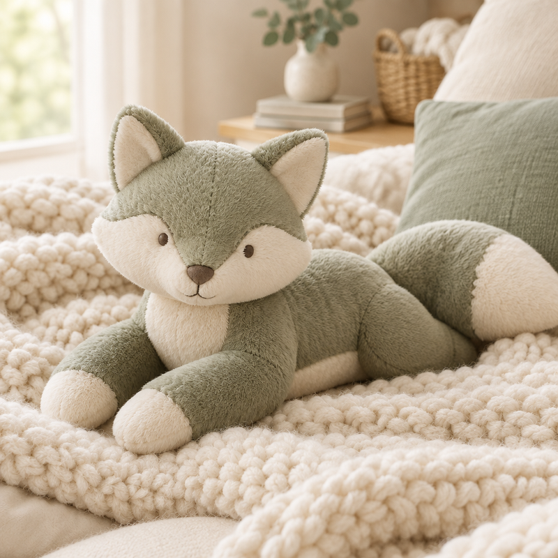 Soft plush fox dog toy on a knitted blanket