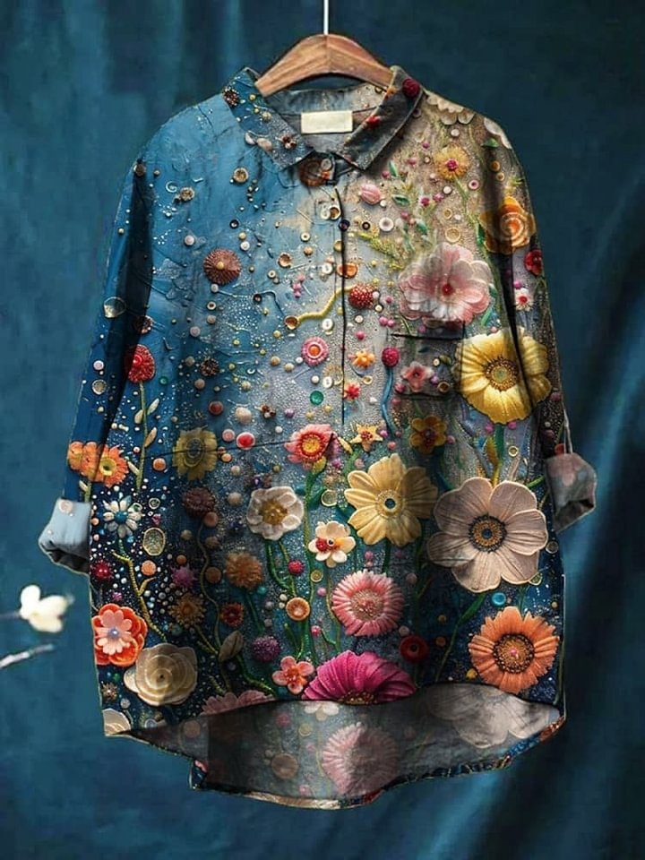 Women's Retro Floral Print Casual Cotton Shirt