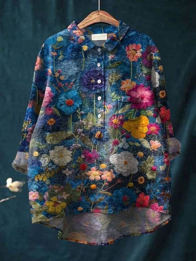 Women's Vintage Flower Print Casual Cotton Shirt