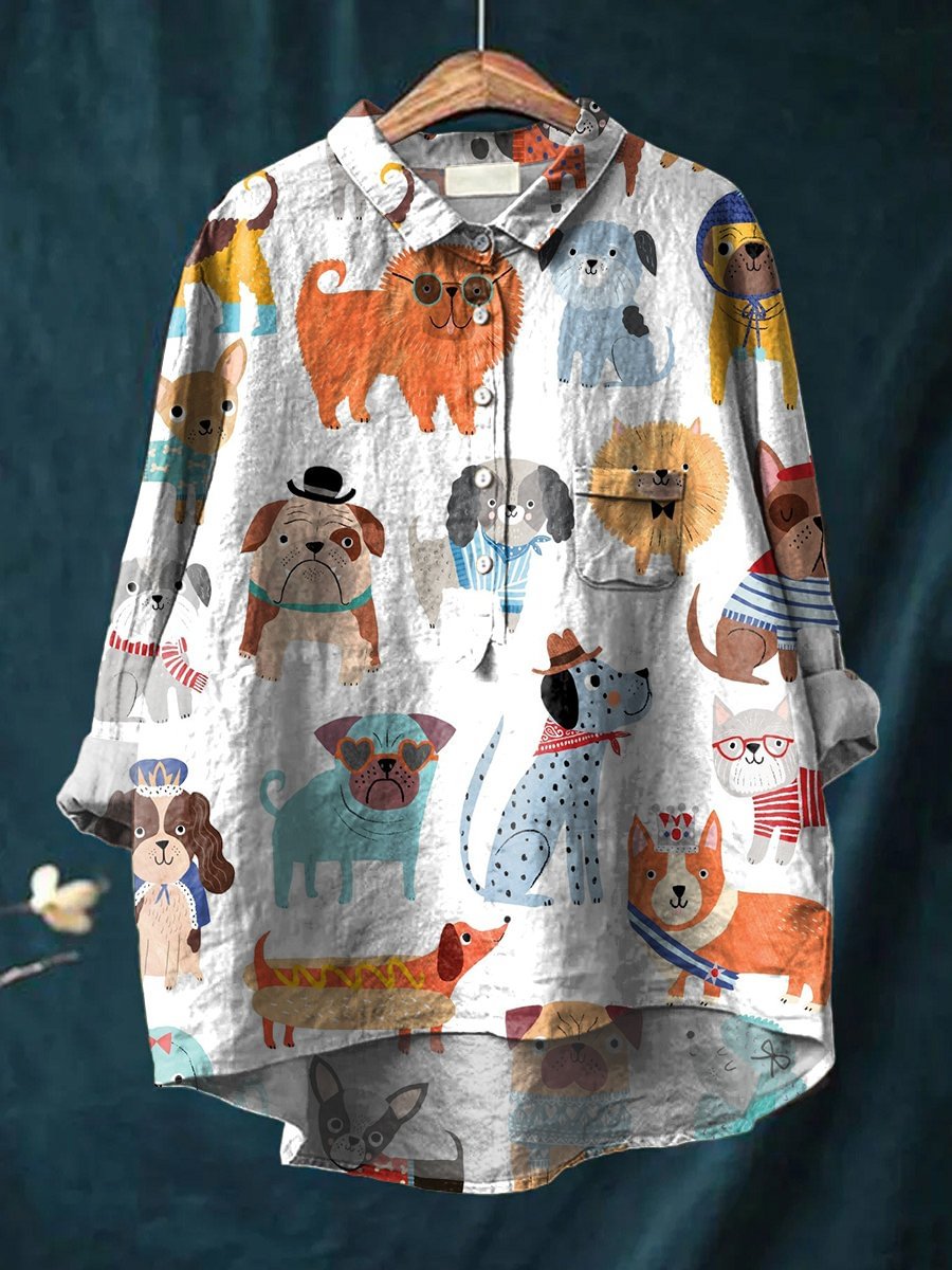 Women's Cartoon Various Puppy Prints Print Casual Cotton Shirt