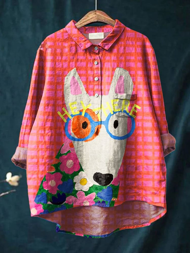 Women's Dog Art Print Casual Cotton Shirt