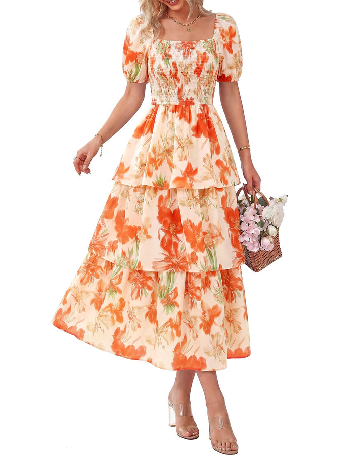 Rosalie Floral Smocked Midi Dress — Square Neck Puff Sleeve Summer Dress for Women