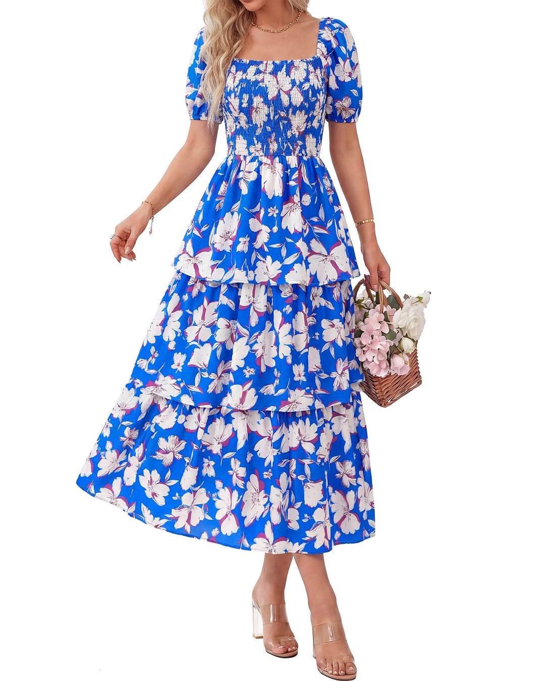 Rosalie Floral Smocked Midi Dress — Square Neck Puff Sleeve Summer Dress for Women