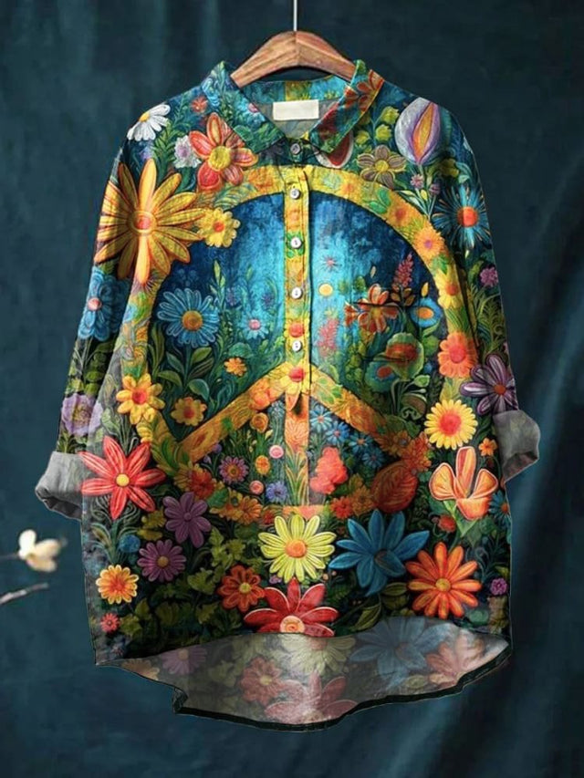Vintage Peace And Love Floral Art Print Casual Cotton Shirt