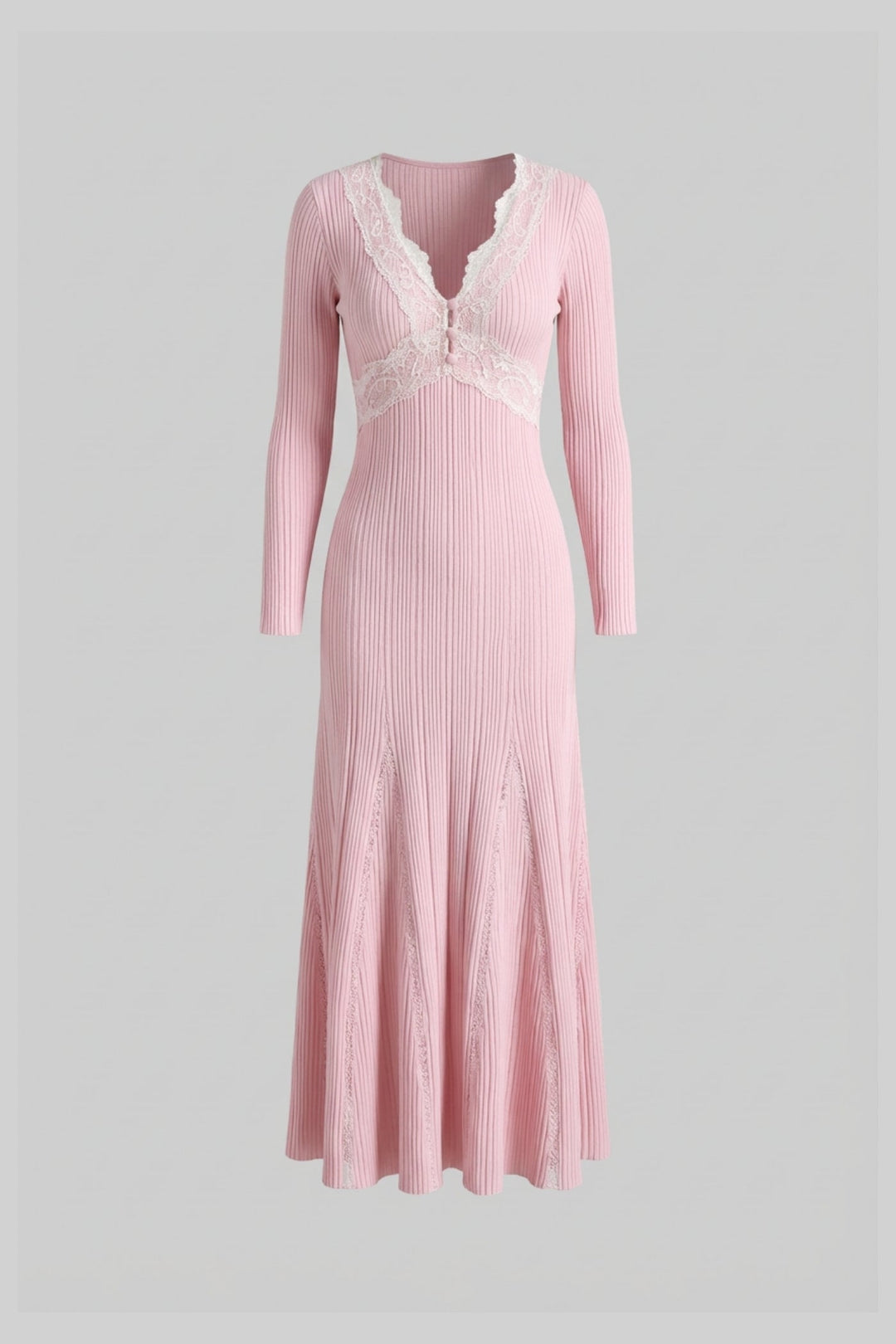 Ribbed Long Sleeve Midi Dress With Lace-Trim V-Neckline - Baby Pink
