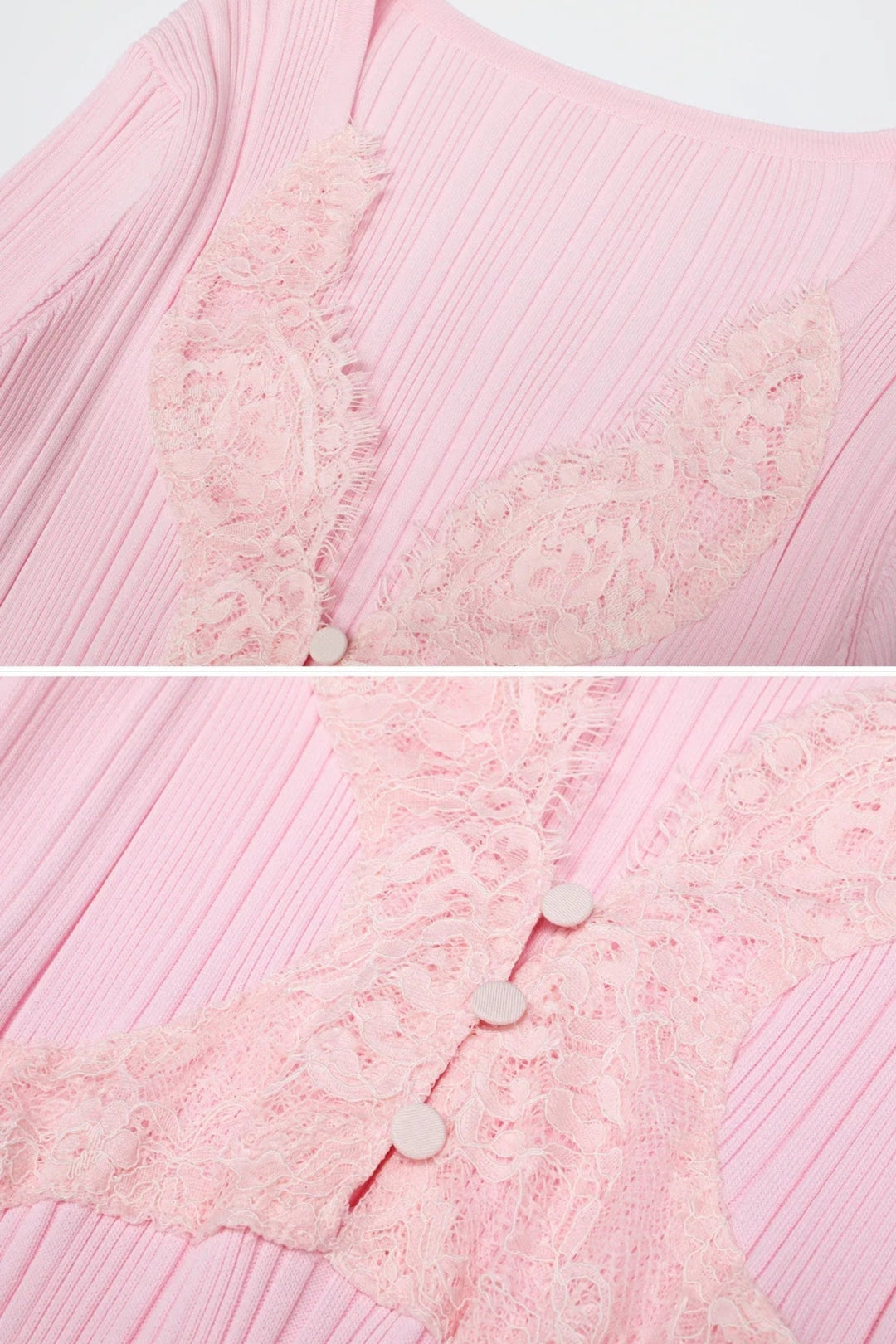 Ribbed Long Sleeve Midi Dress With Lace-Trim V-Neckline - Baby Pink