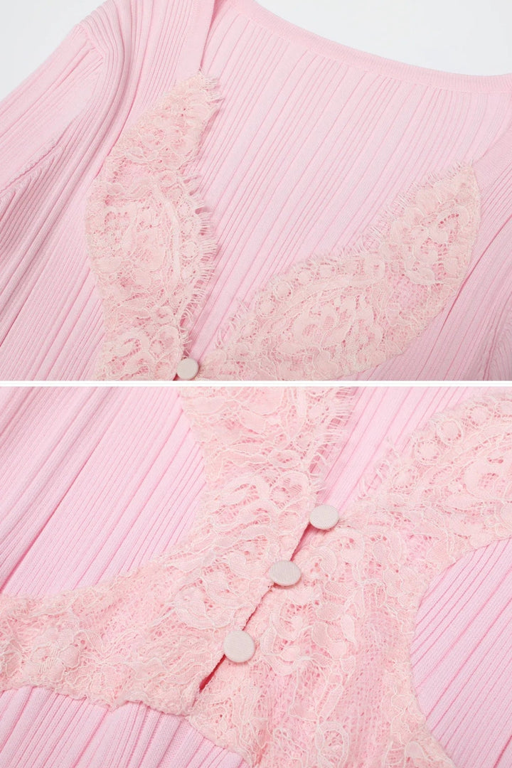 Ribbed Long Sleeve Midi Dress With Lace-Trim V-Neckline - Baby Pink