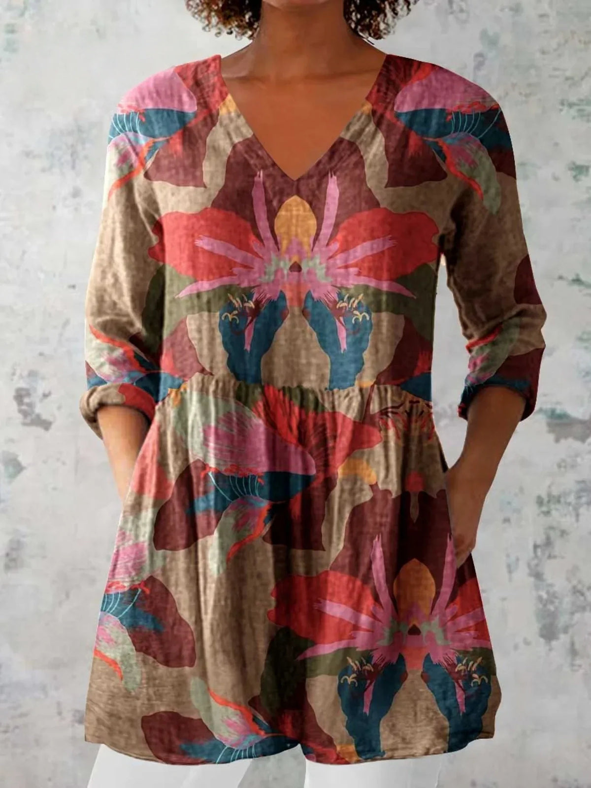 Women's Elegant Floral Print Doll Neck Linen-Look Top