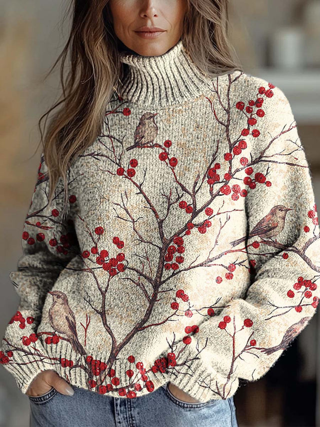 Women's Lovely Floral Birds Art Print Knit Turtleneck Pullover Sweater