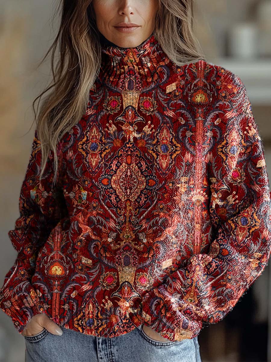 Women's Vintage Ethnic Floral Art Print Knit Turtleneck Pullover Sweater