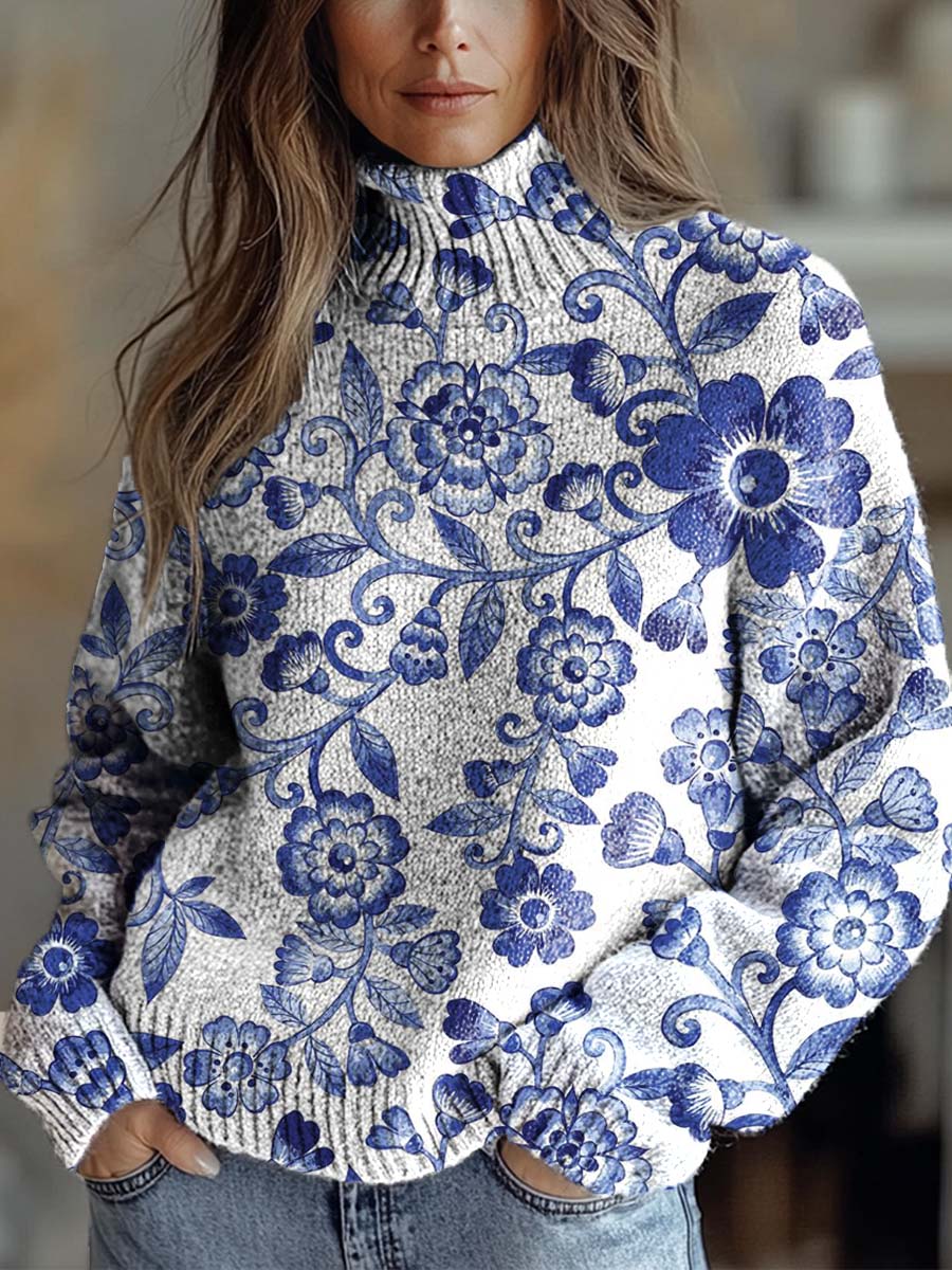 Women's Vintage Lovely Floral Art Print Knit Turtleneck Pullover Sweater