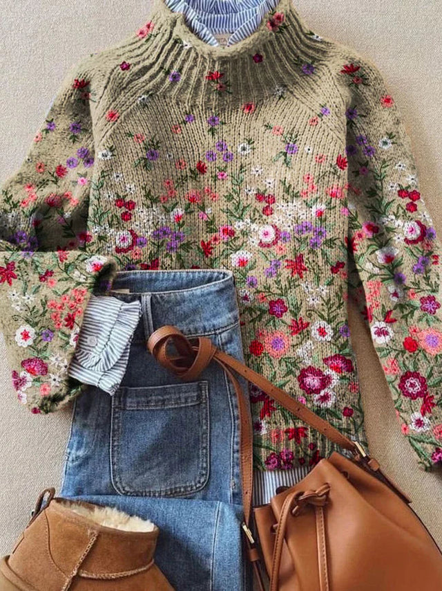 Vintage Lovely Floral Art Print Knit Turtleneck Pullover Sweater