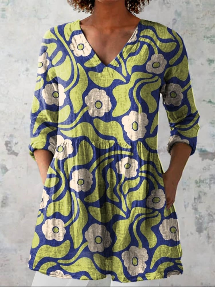 Women's Vintage Lovely Floral Art Print Casual Linen-Look V-neck Shirt