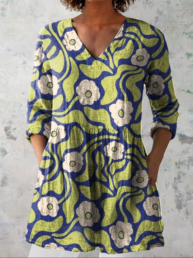 Women's Vintage Lovely Floral Art Print Casual Linen-Look V-neck Shirt