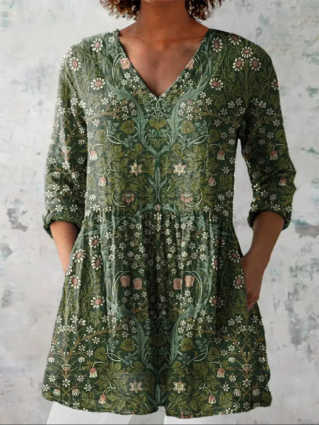 Women's Vintage Lovely Floral Art Print Casual Linen-Look V-neck Shirt