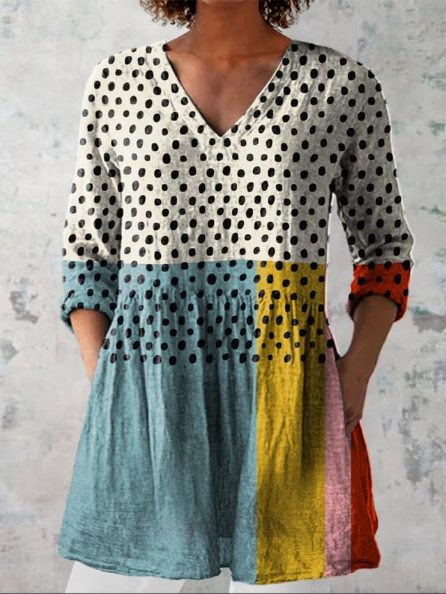 Women's Abstract Geometric Dot Pattern Art Print Casual Linen-Look V-neck Shirt