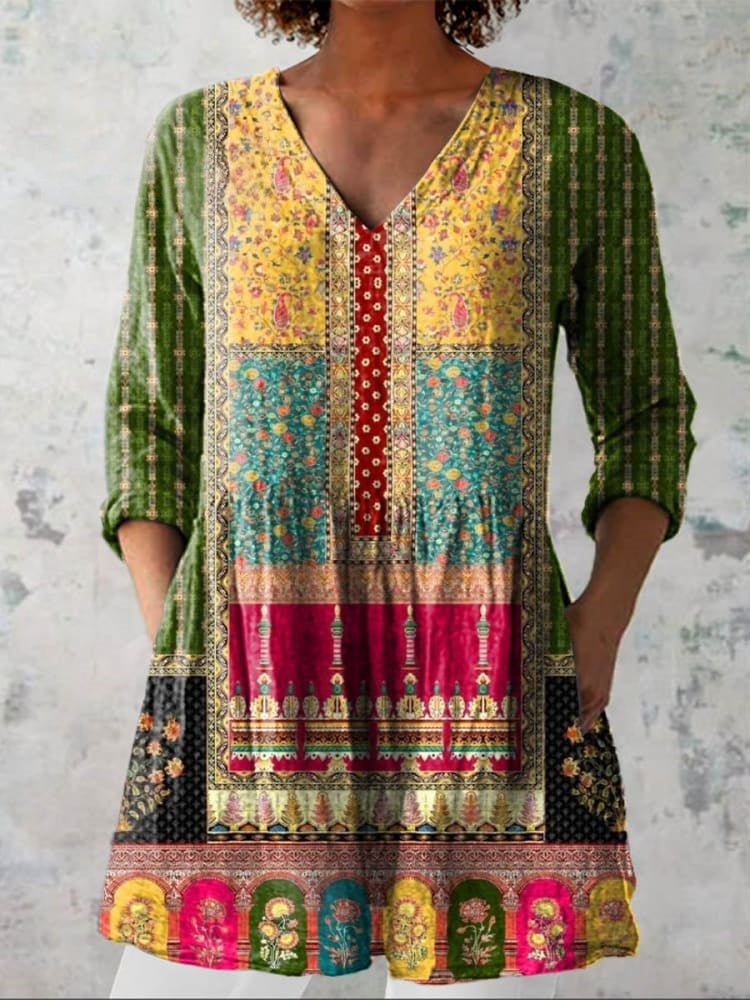 Women's Vintage Ethnic Floral Art Print Casual Linen-Look V-neck Shirt
