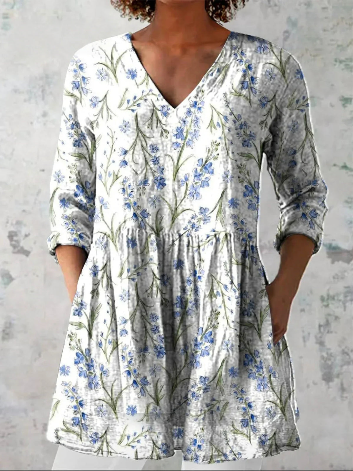 Women's Lovely Floral Art Print Casual Linen-Look V-neck Shirt