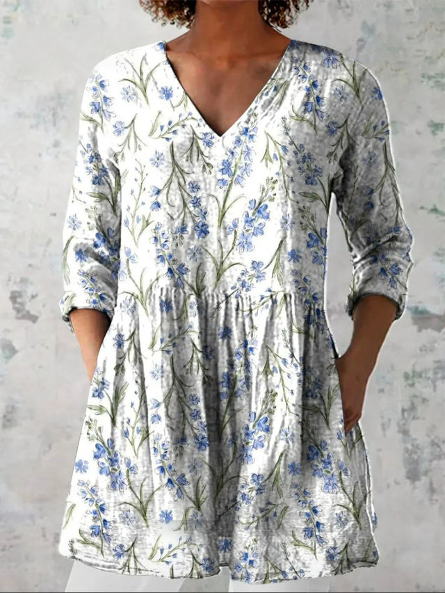 Women's Lovely Floral Art Print Casual Linen-Look V-neck Shirt