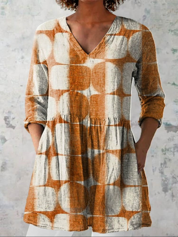 Women's Geometric Pattern Art Print Casual Linen-Look V-neck Shirt