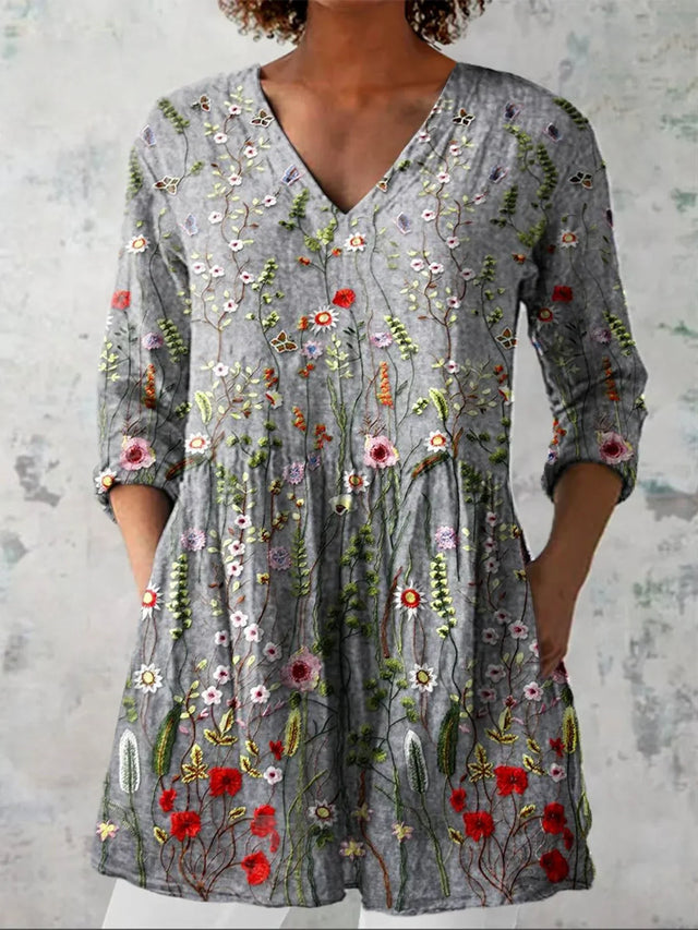 Women's Vintage Floral Art Print Casual Linen-Look V-neck Shirt