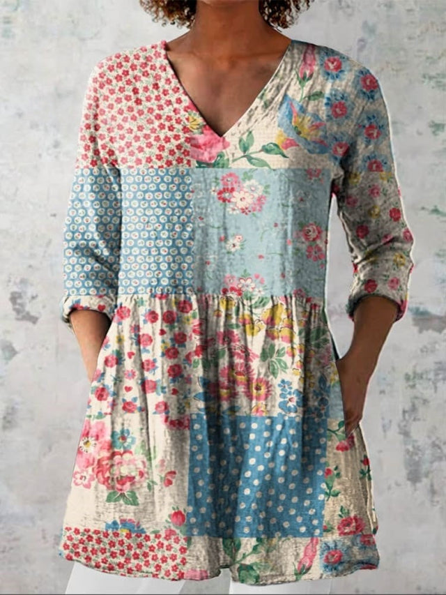 Women's Vintage Floral Patchwork Art Print Casual Linen-Look V-neck Shirt