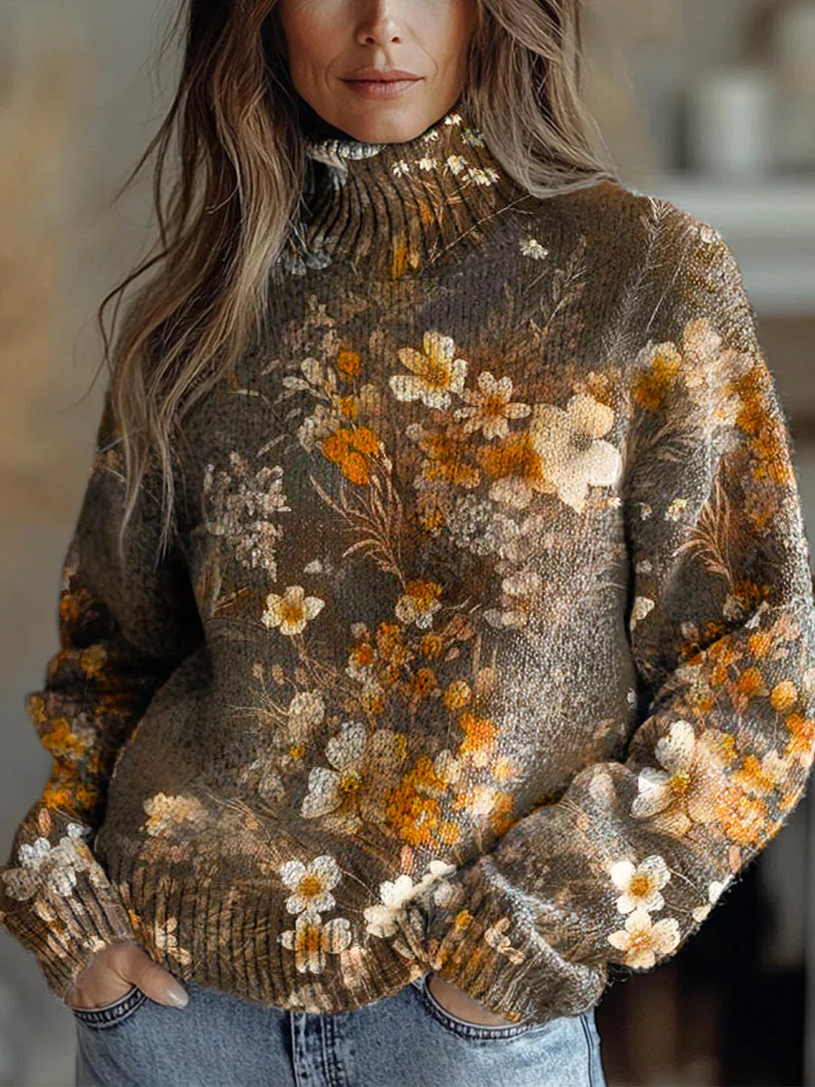 Women's Vintage Floral Art Print Knit Turtleneck Pullover Sweater