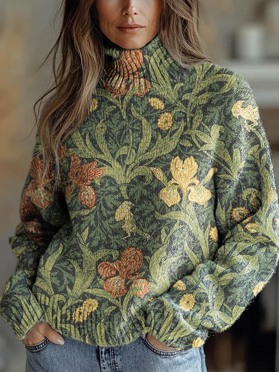 Women's Vintage Floral Art Print Knit Turtleneck Pullover Sweater