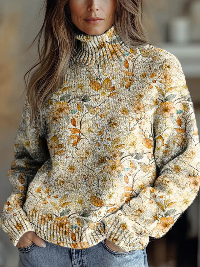 Women's Vintage Floral Art Print Knit Turtleneck Pullover Sweater