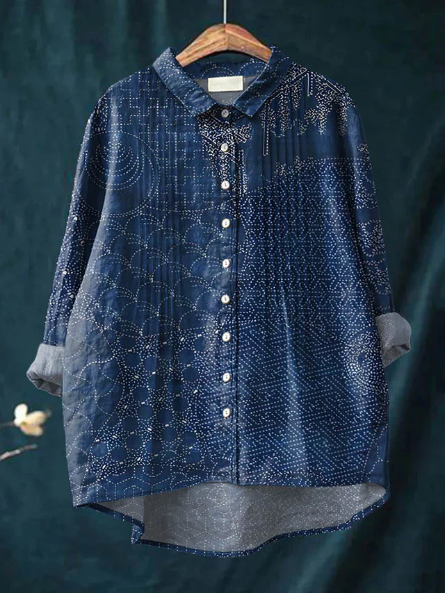 Women's Vintage Pattern Art Print Casual Cotton Ruffle Shirt