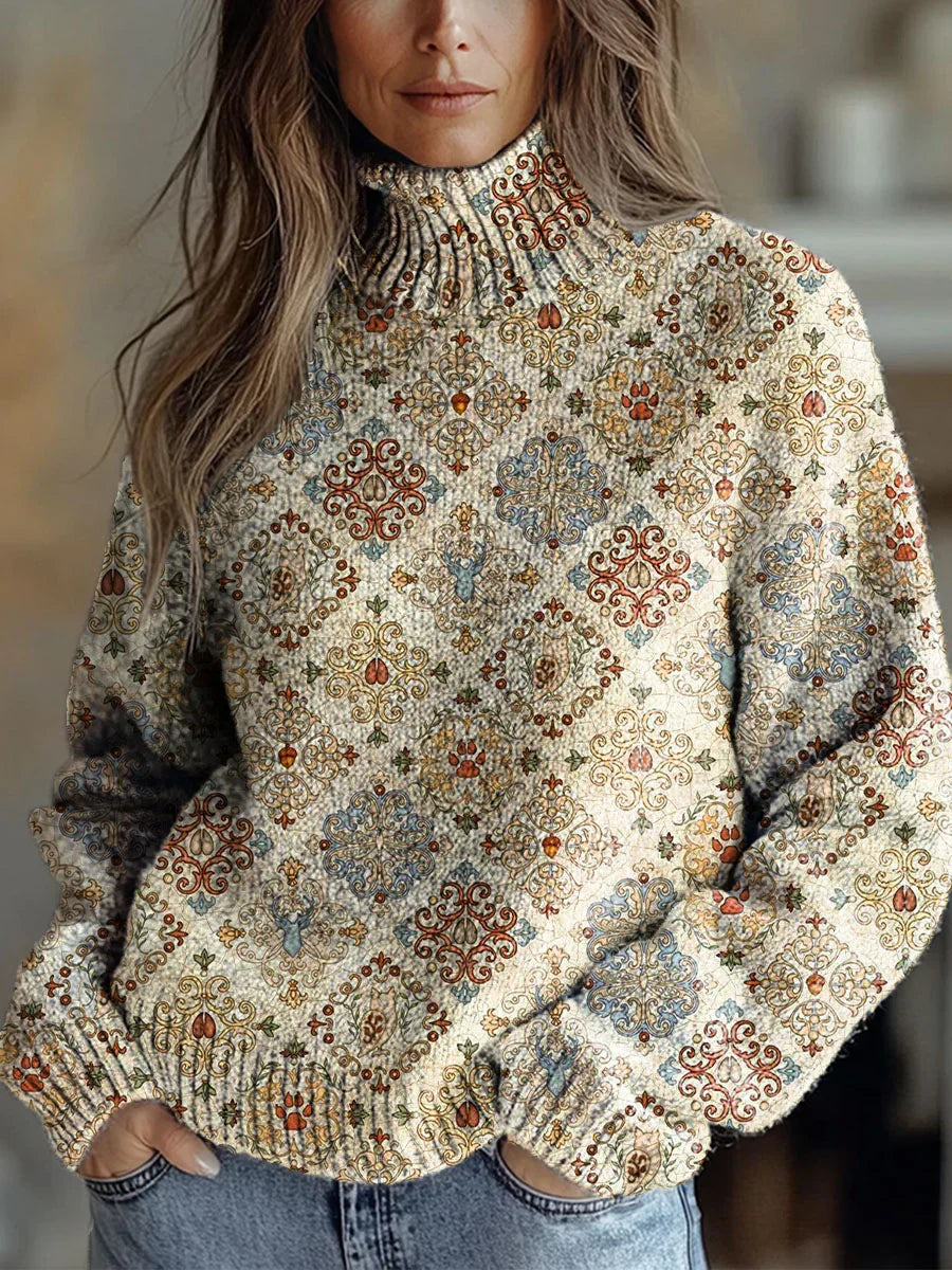 Women's Vintage Ethnic Art Patterns Print Knit Turtleneck Pullover Sweater