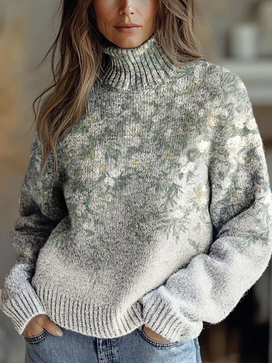 Women's Vintage Art Flower Print Knit Turtleneck Pullover Sweater