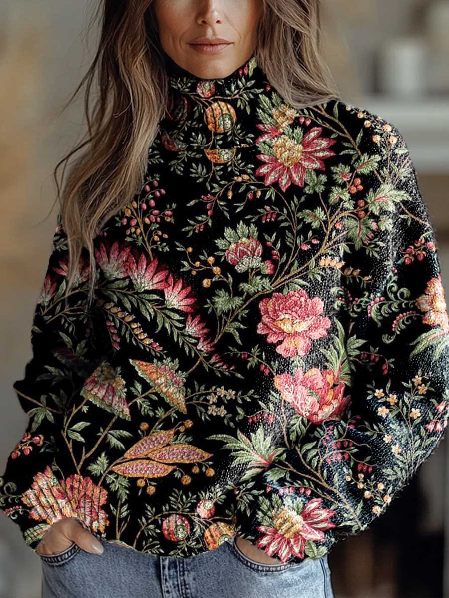 Women's Vintage Art Flower Print Knit Turtleneck Pullover Sweater