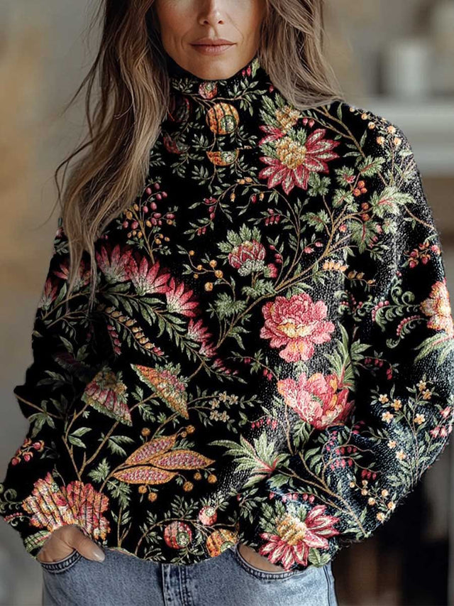 Women's Vintage Art Flower Print Knit Turtleneck Pullover Sweater