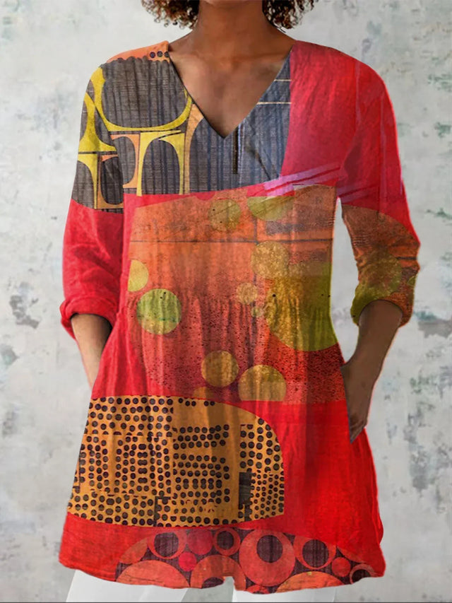 Women's Modern Abstract Art Print Casual Linen-Look V-neck Shirt