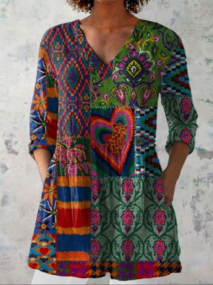 Women's Boho Flowers Art Print Casual Linen-Look V-neck Shirt