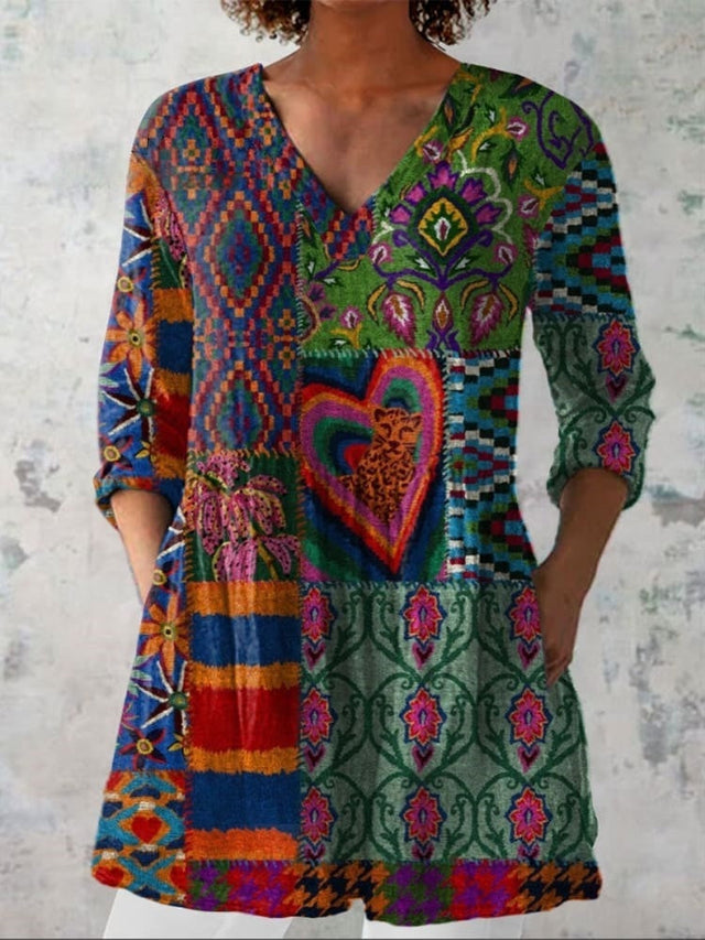 Women's Boho Flowers Art Print Casual Linen-Look V-neck Shirt