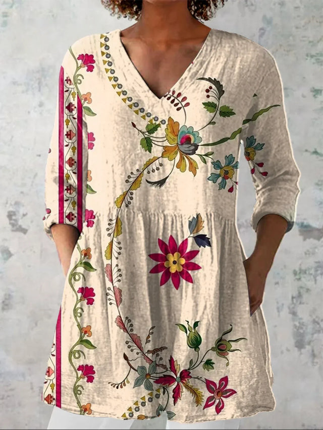 Women's Boho Flowers Art Print Casual Linen-Look V-neck Shirt RB194