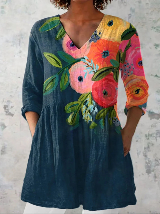 Women's Vintage Floral Print Casual Linen-Look V-neck Shirt