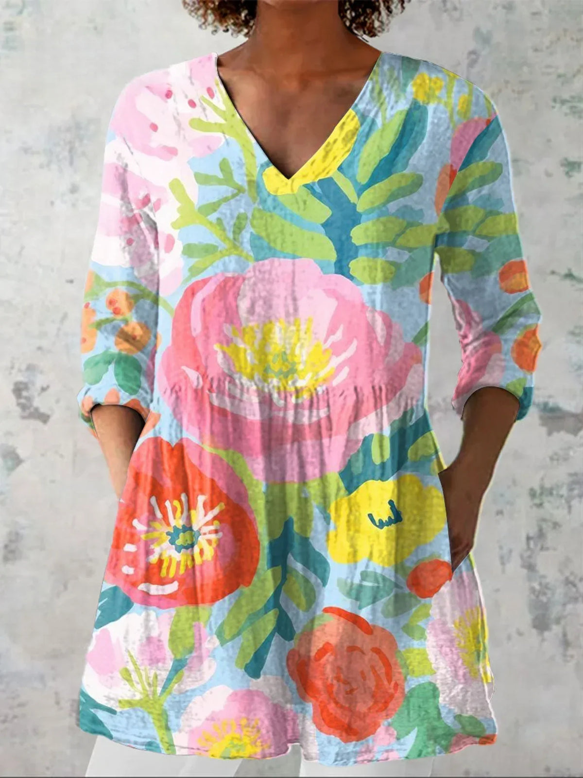 Women's Floral Art Print Casual Linen-Look V-neck Shirt