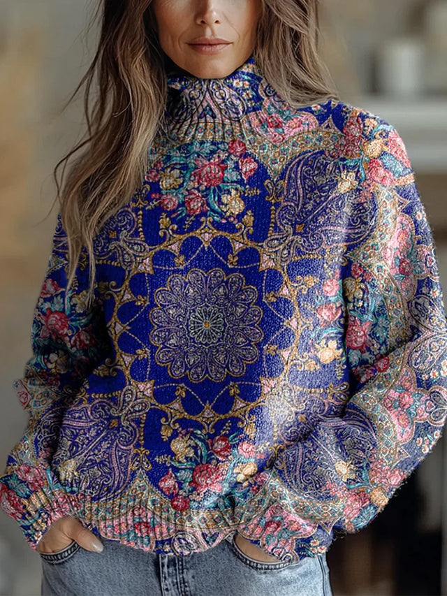 Vintage Blue Ethnic Pattern Print Knit Turtleneck Pullover Sweater
