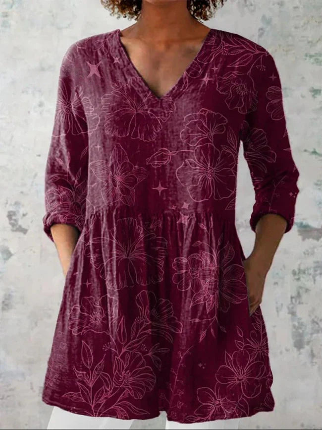 Morning Glory Floral Pattern Printed Women's Casual Linen-Look V-Neck Shirt