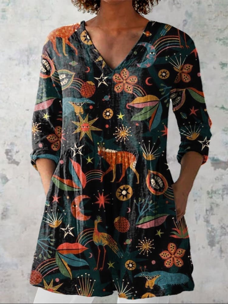 Midnight Woodland Pattern Printed Women's Casual Linen-Look V-Neck Shirt