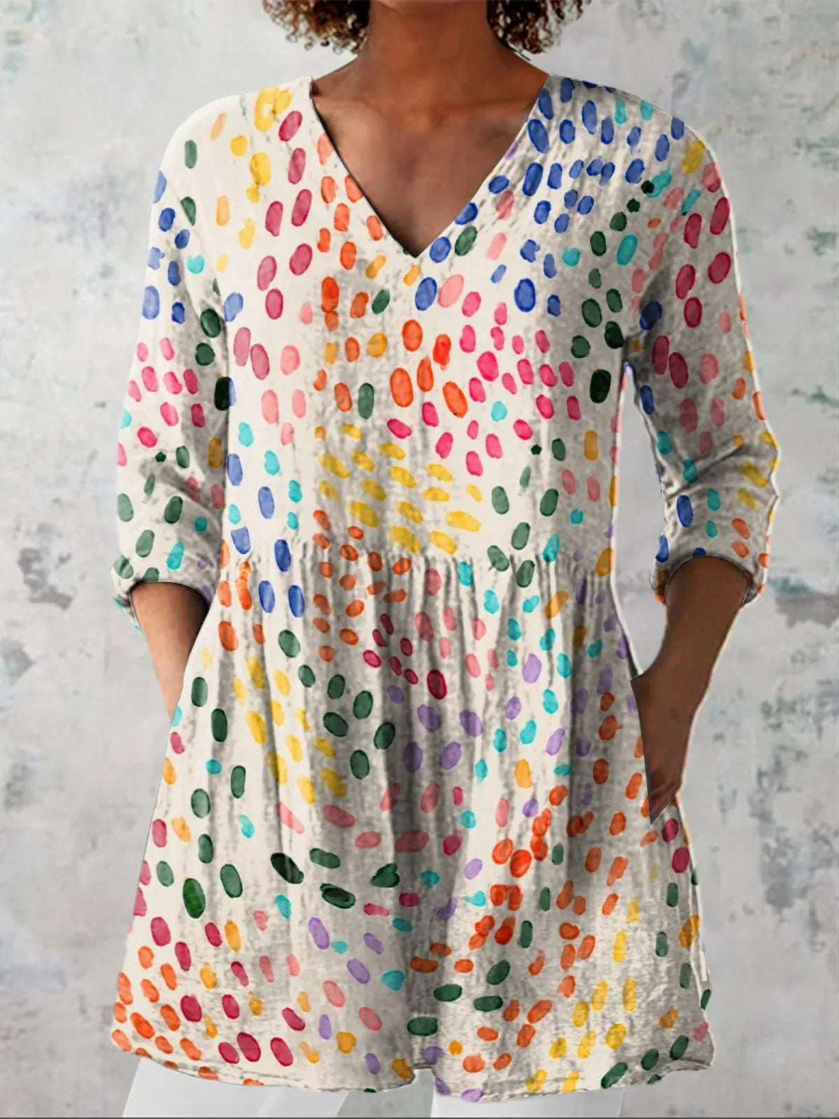 WaterColour Polka Dot Pattern Printed Women's Casual Linen-Look V-Neck Shirt