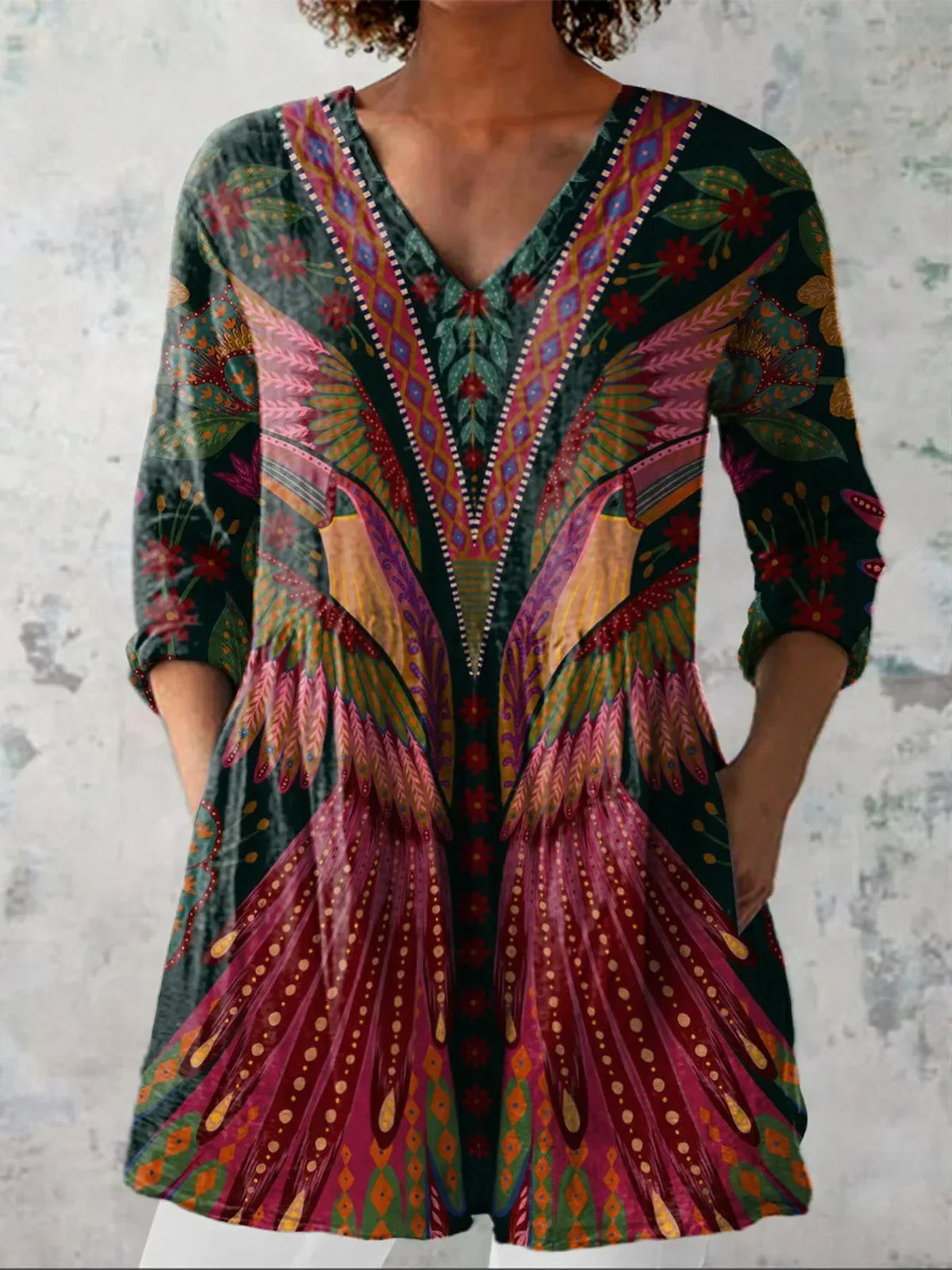 Summer Tropical Bird Symmetrical Pattern Printed Women's Casual Linen-Look V-Neck Shirt