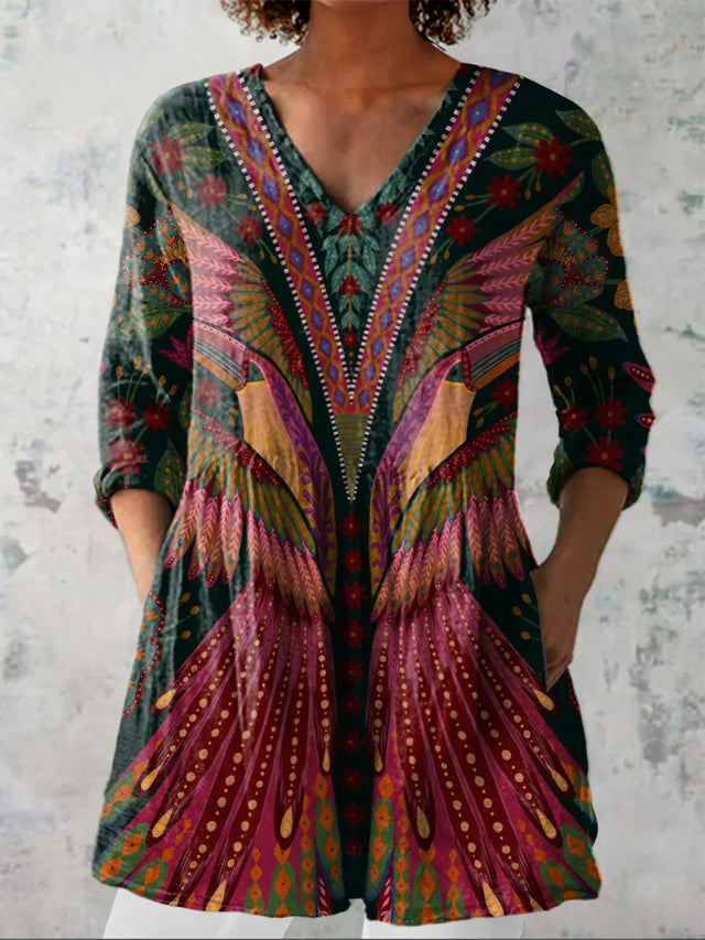 Summer Tropical Bird Symmetrical Pattern Printed Women's Casual Linen-Look V-Neck Shirt
