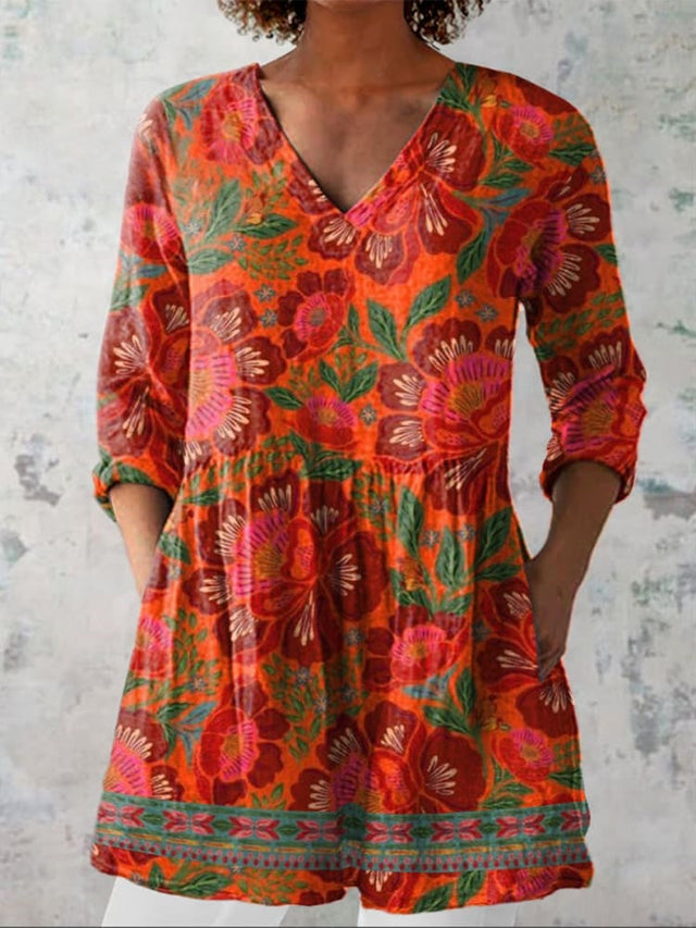 Ethnic Style Summer Floral Pattern Printed Women's Casual Linen-Look V-Neck Shirt