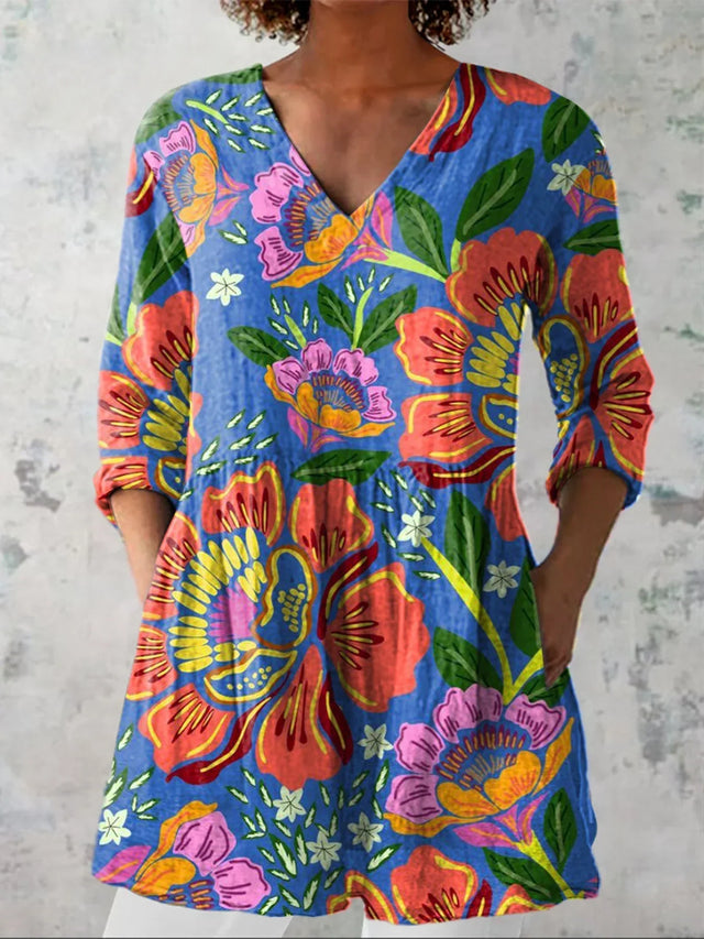 Summer Tropical Floral Pattern Printed Women's Casual Linen-Look V-Neck Shirt