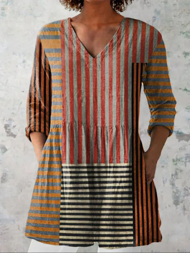 Strip Patchwork Pattern Printed Women's Casual Linen-Look V-Neck Shirt