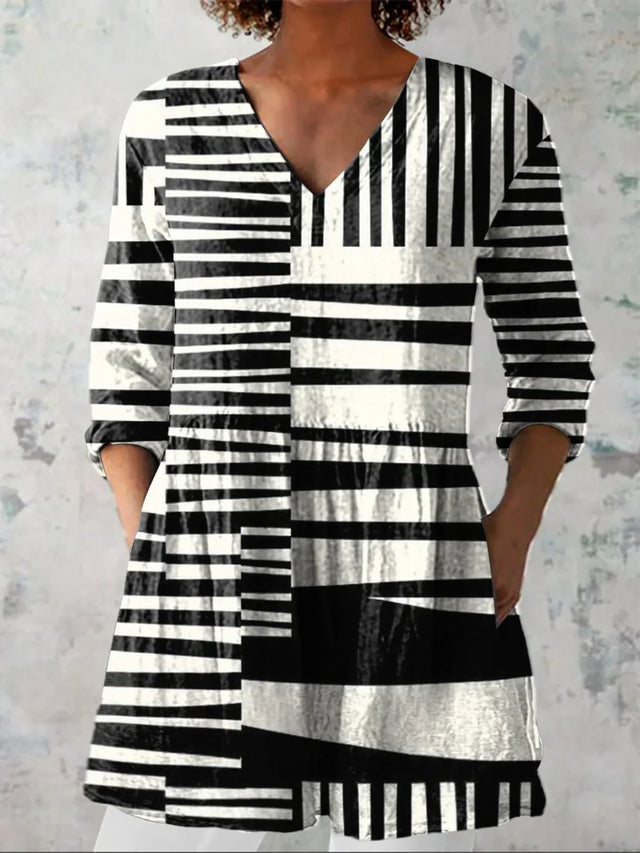 Abstract Strip Pattern Printed Women's Casual Linen-Look V-Neck Shirt